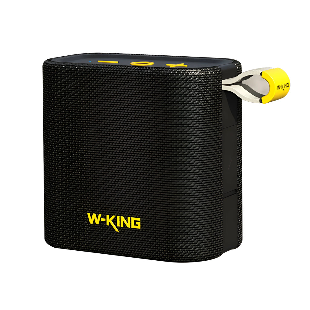 Black portable Bluetooth speaker with compact waterproof design, shown front view