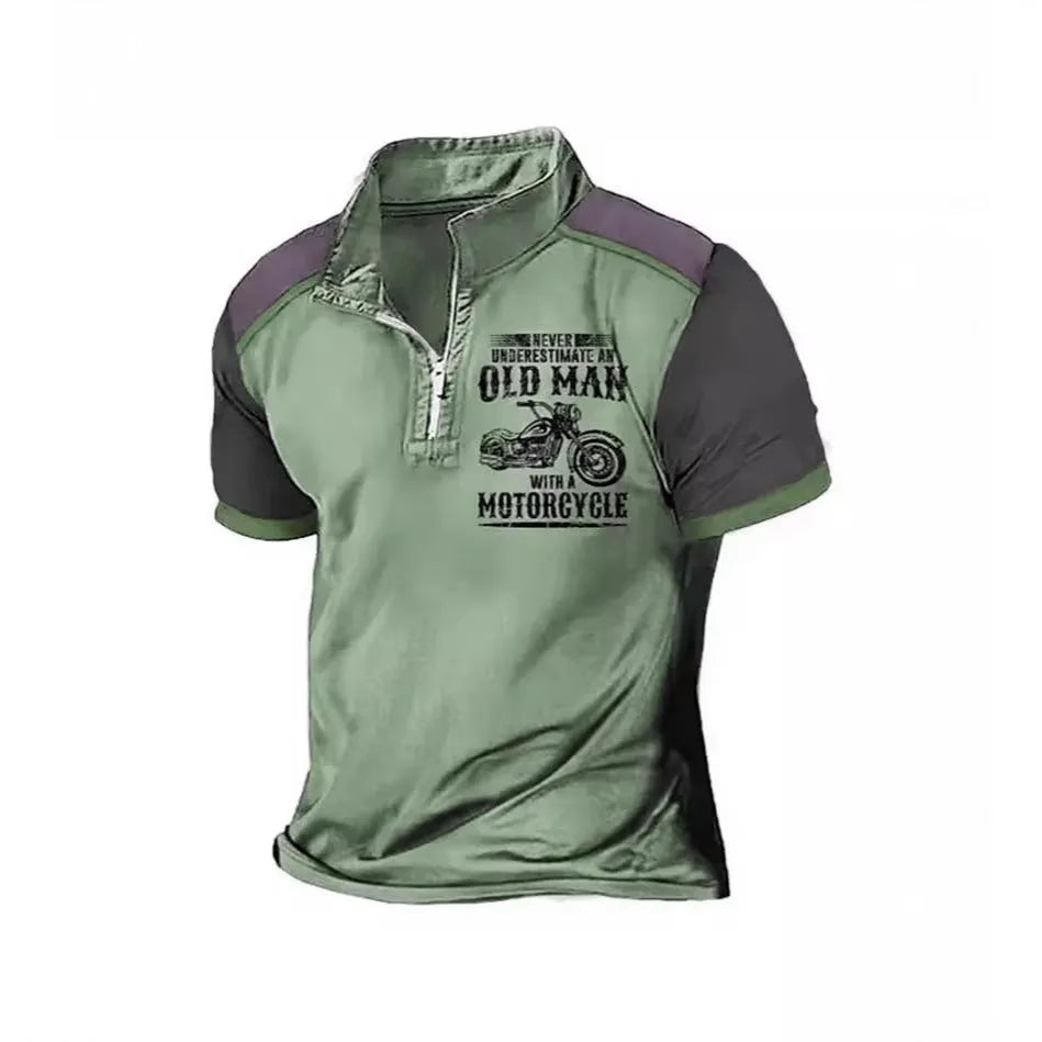 A man's short-sleeve polo shirt with a lapel collar, decorative zipper, and a digital letter print pattern.