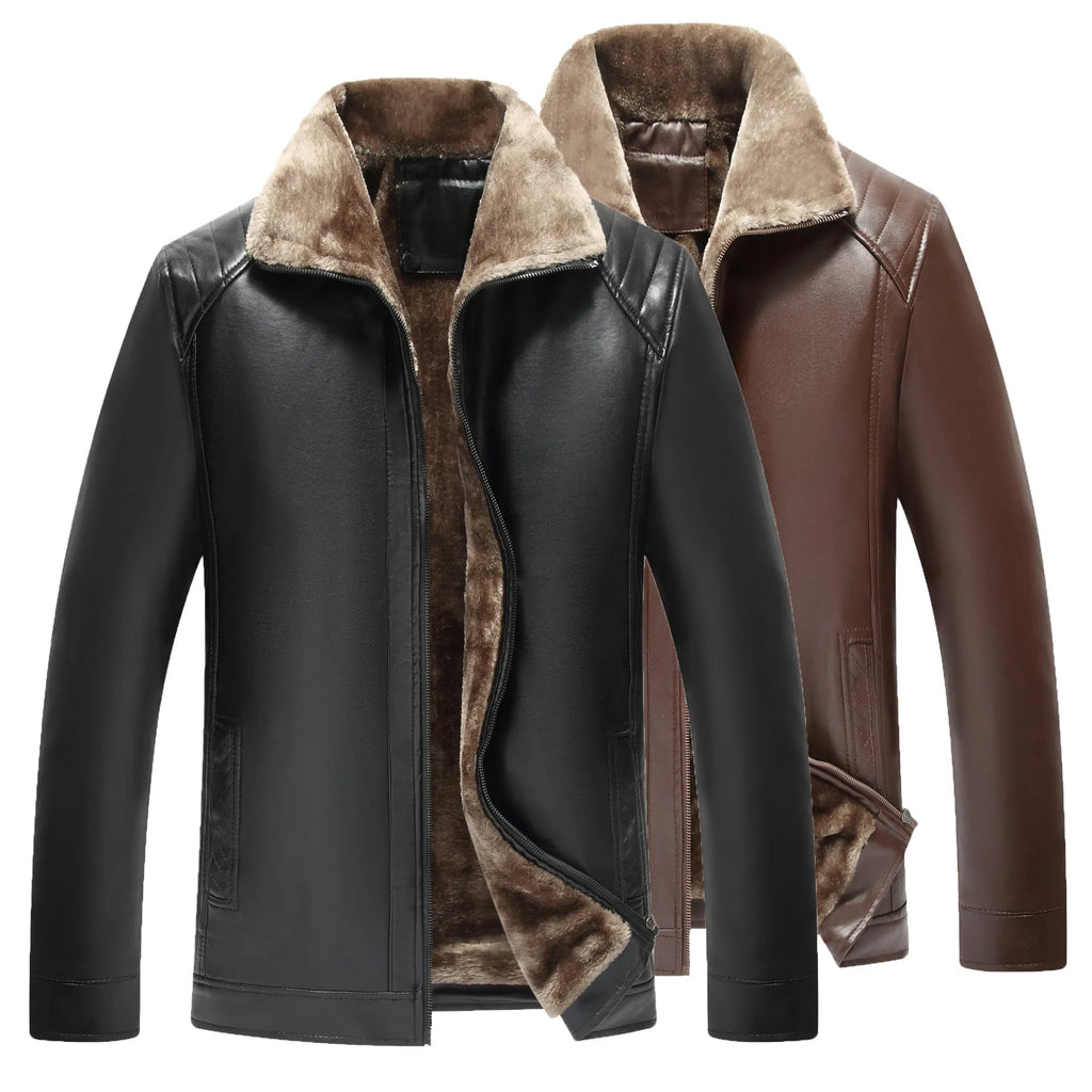 Men's fur-lined artificial leather jacket in black, slim fit, side seam pockets, winter casual wear