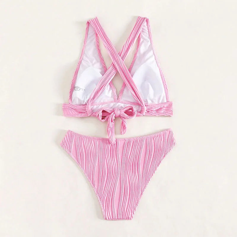Pink and black halter strap women's two-piece bikini swimsuit set with shorts