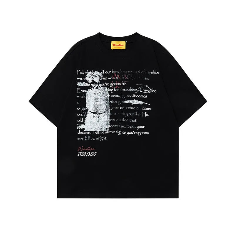 Men's black loose-fit pure cotton T-shirt with white printed letter design and raglan short sleeves.