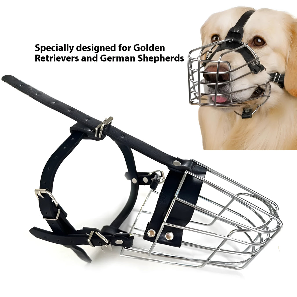 Black metal basket dog muzzle for large breeds, shown on a table with adjustable strap and buckle.