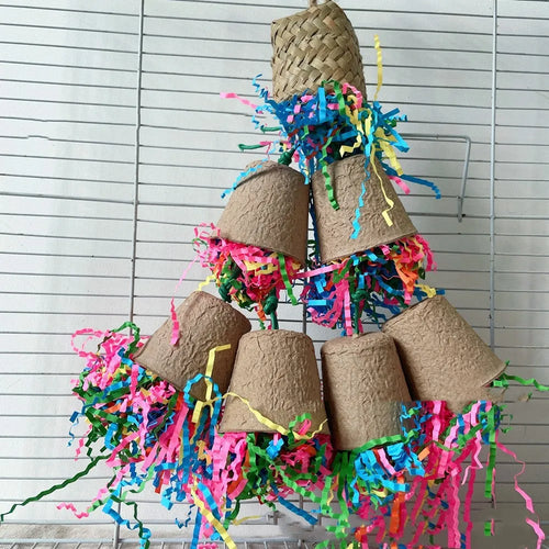 Wood colour palm weaving parrot chewing toy with paper cup hanging 38cm