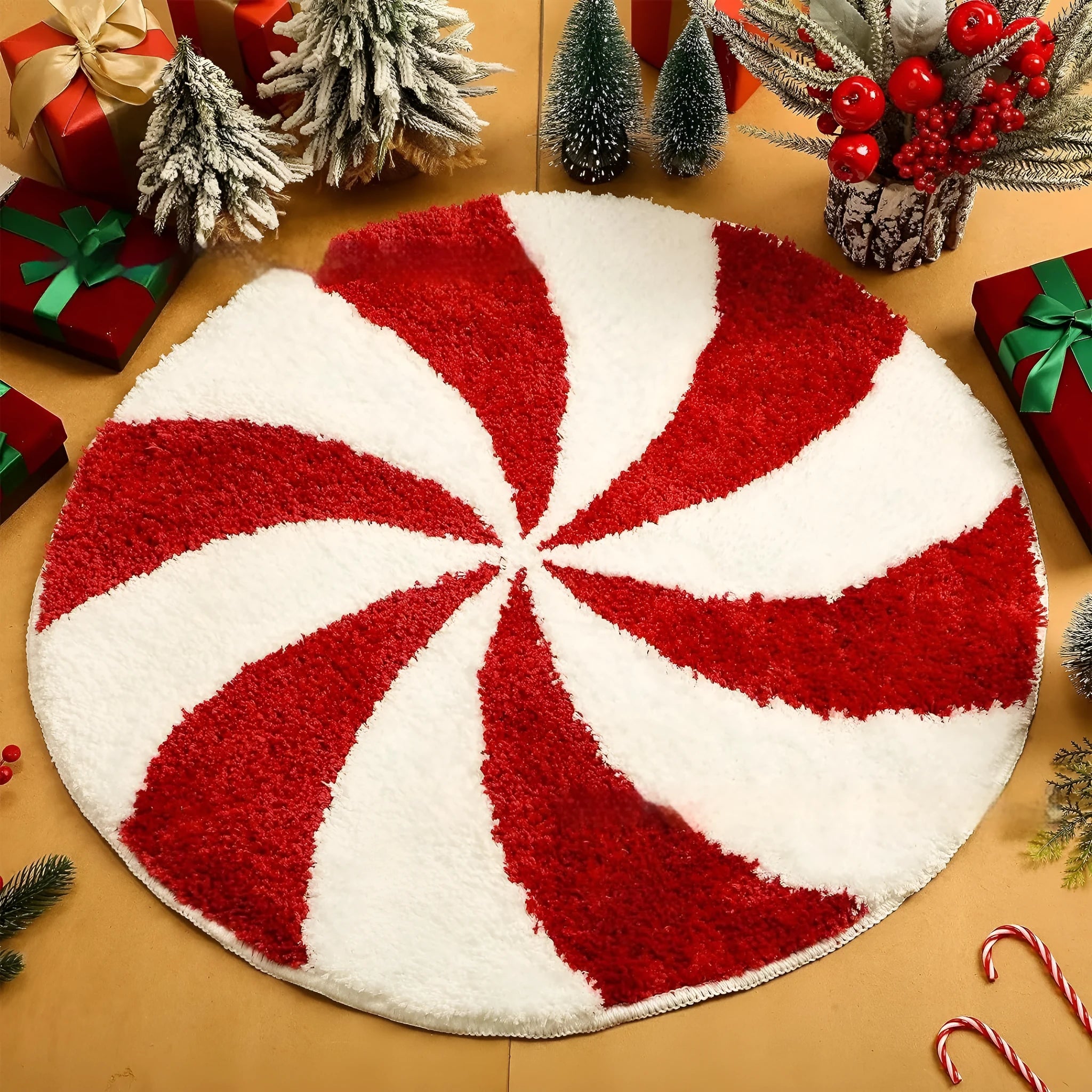 Christmas round polyester carpet on floor in red and green festive design