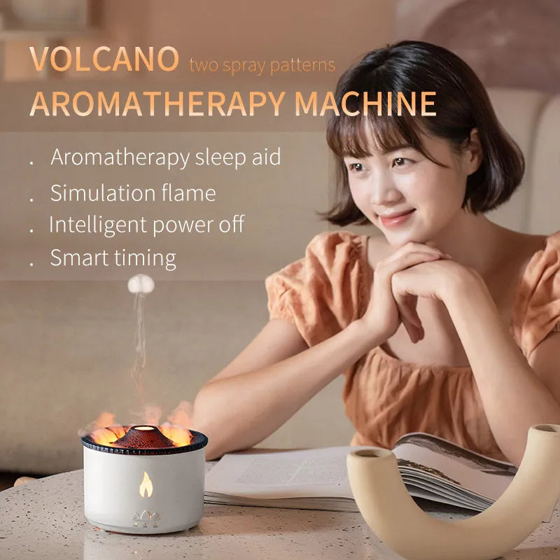 White flame and blue volcano humidifier diffuser with remote control on a table