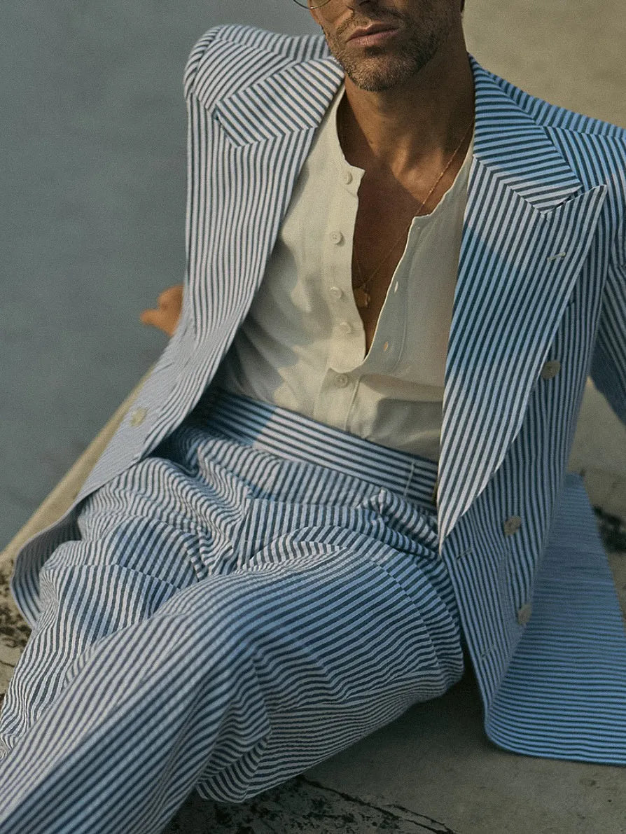 Blue and white striped polyester suit set for men with blazer and trousers