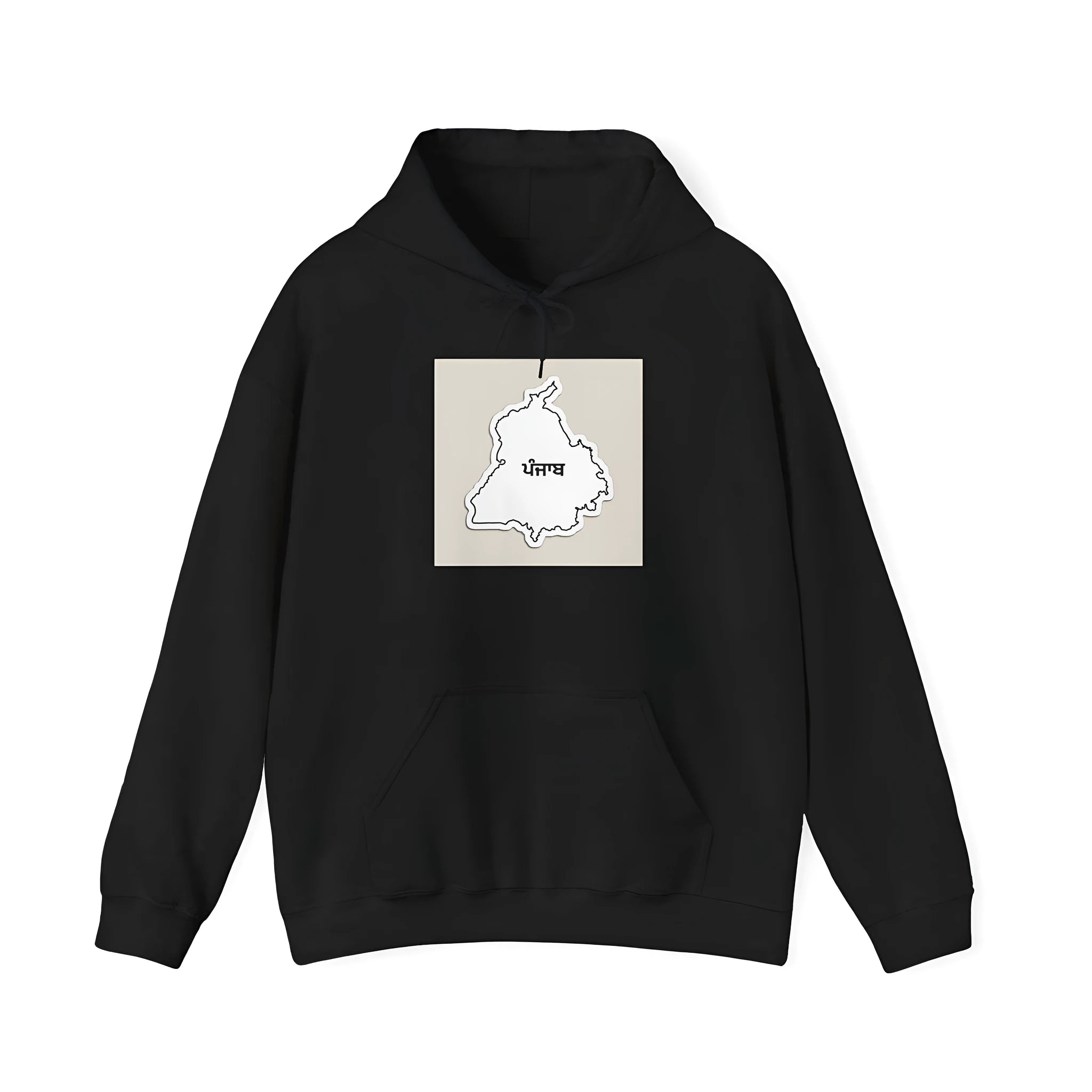 Black drop-shoulder sleeve casual hoodie with front pocket and printed details