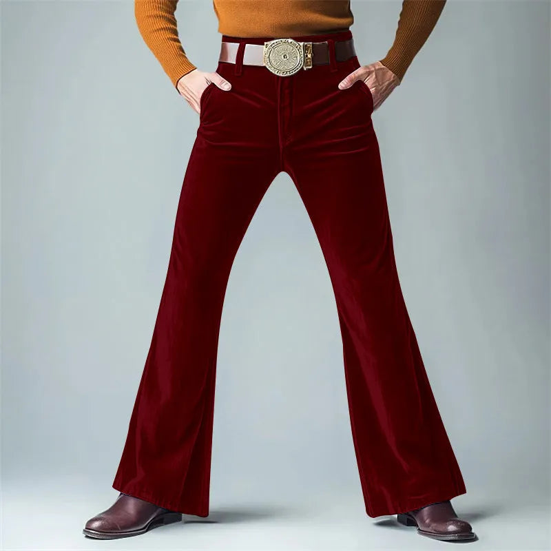 Men's slim flared trousers in gold velvet fabric, shown in multiple colours including black, blue, and dark red.