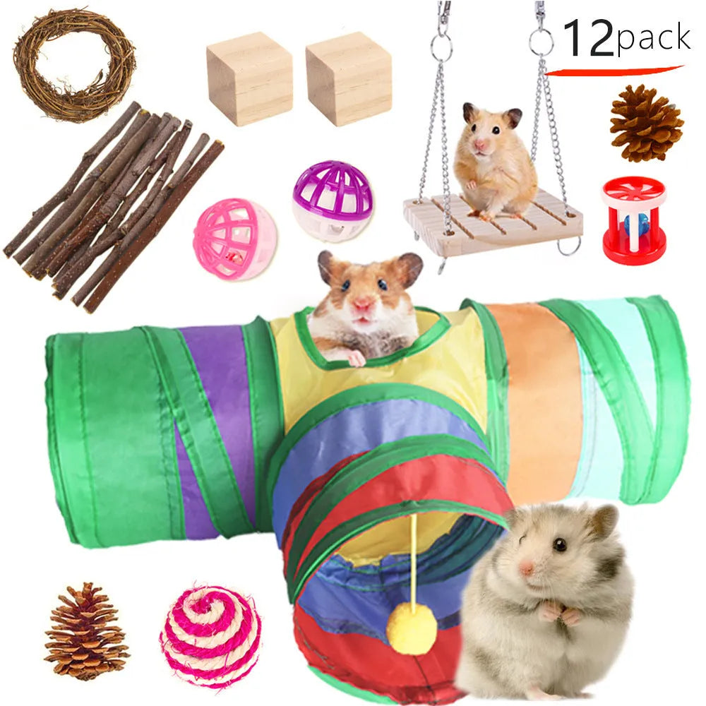 Wooden toy combination set for rabbits, guinea pigs, and parrots with straw mattress and natural material balls