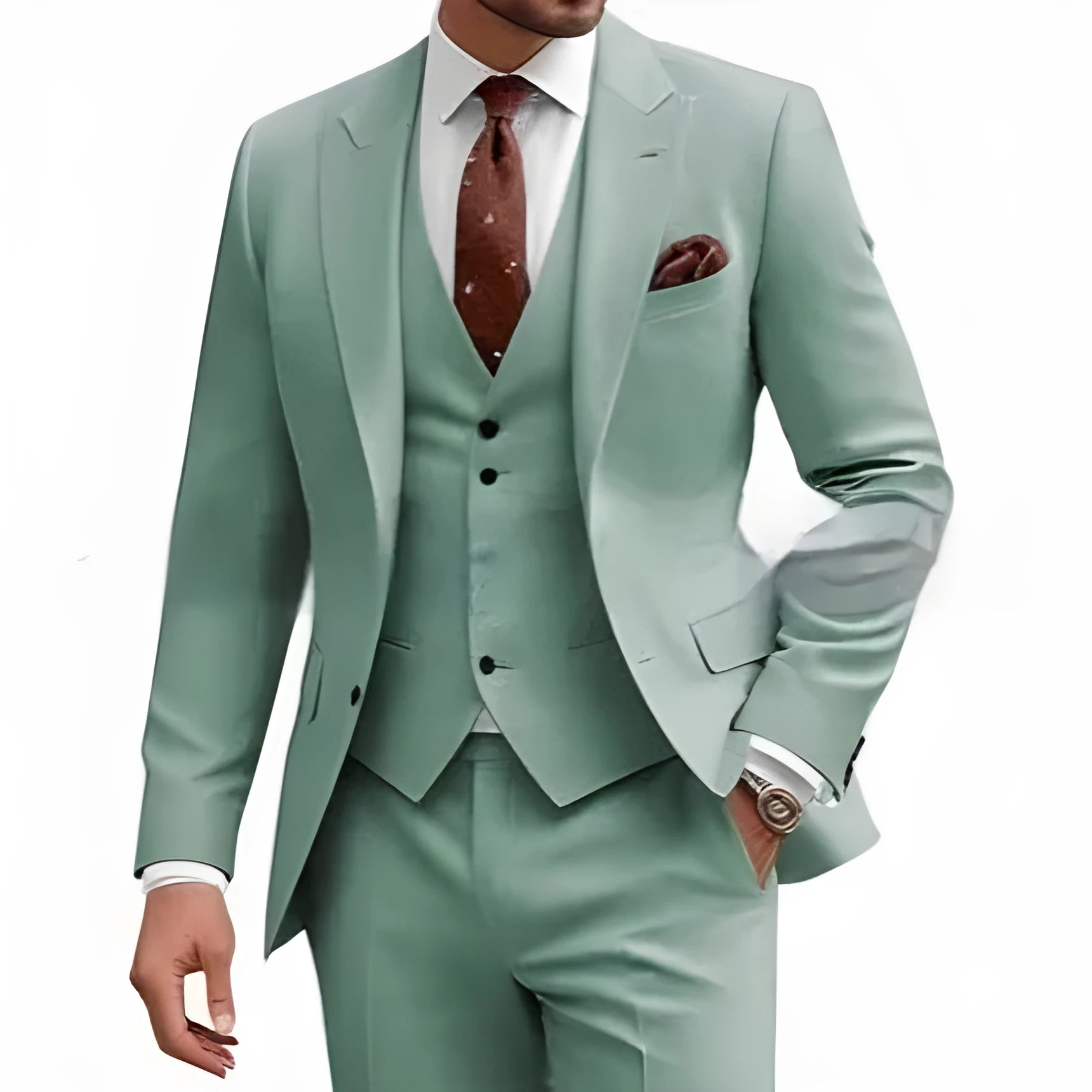 Men's slim fit three-piece suit in acetate fibre blend available in nine colours with Asian sizing