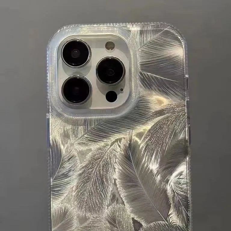 Feather pattern gradient TPU phone case in Silver Gray with three-dimensional relief design for iPhone