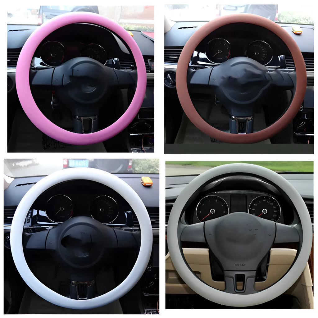 Anti-slip silicone steering wheel cover for 32-40cm small car wheels, imitation leather texture, black