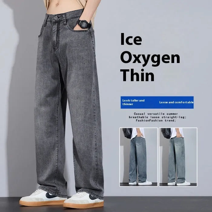 Straight leg casual trousers in ice silk Denim fabric with wide-leg design and zip placket closure