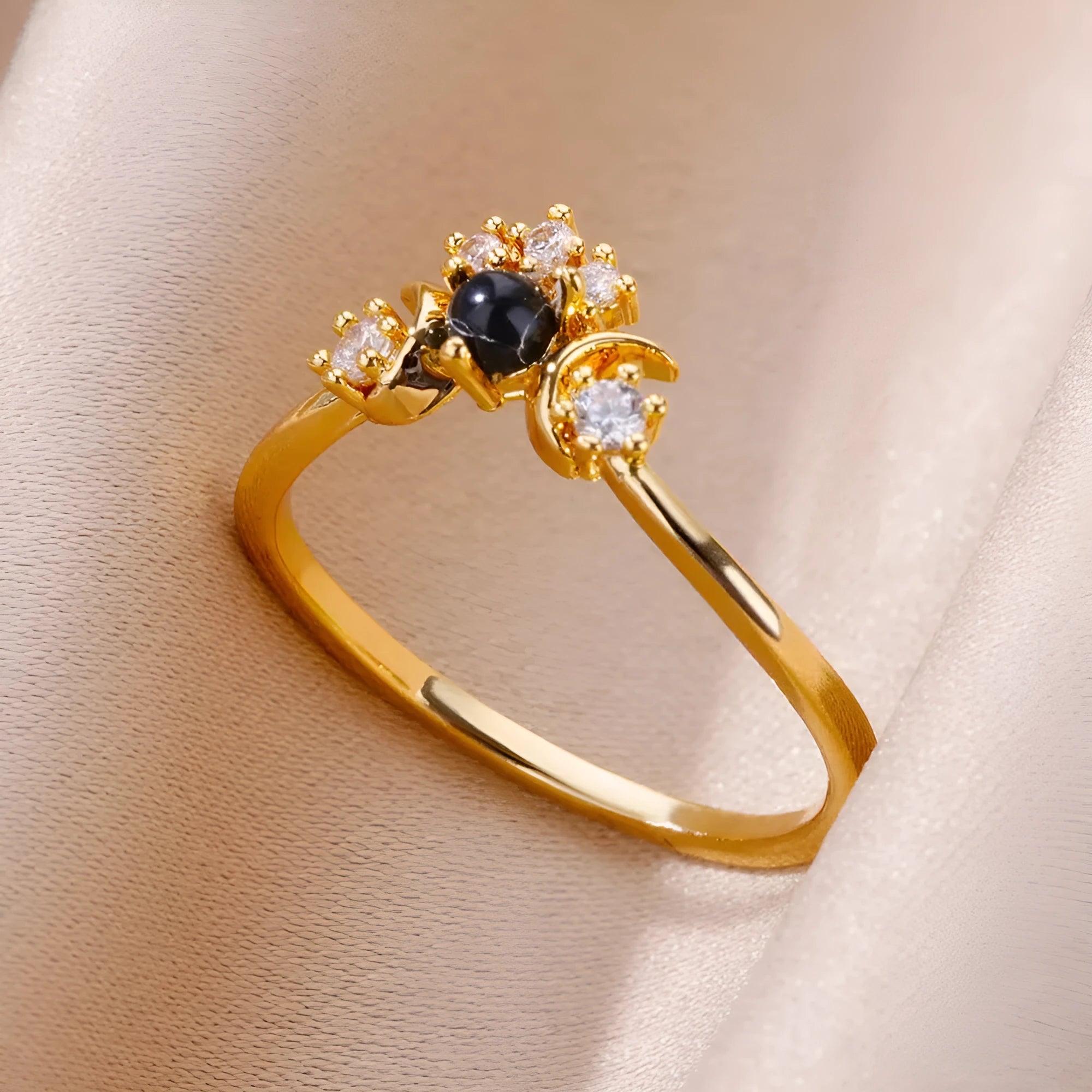18K gold plated copper open mouth ring with synthetic zircon love emerald motif on white background