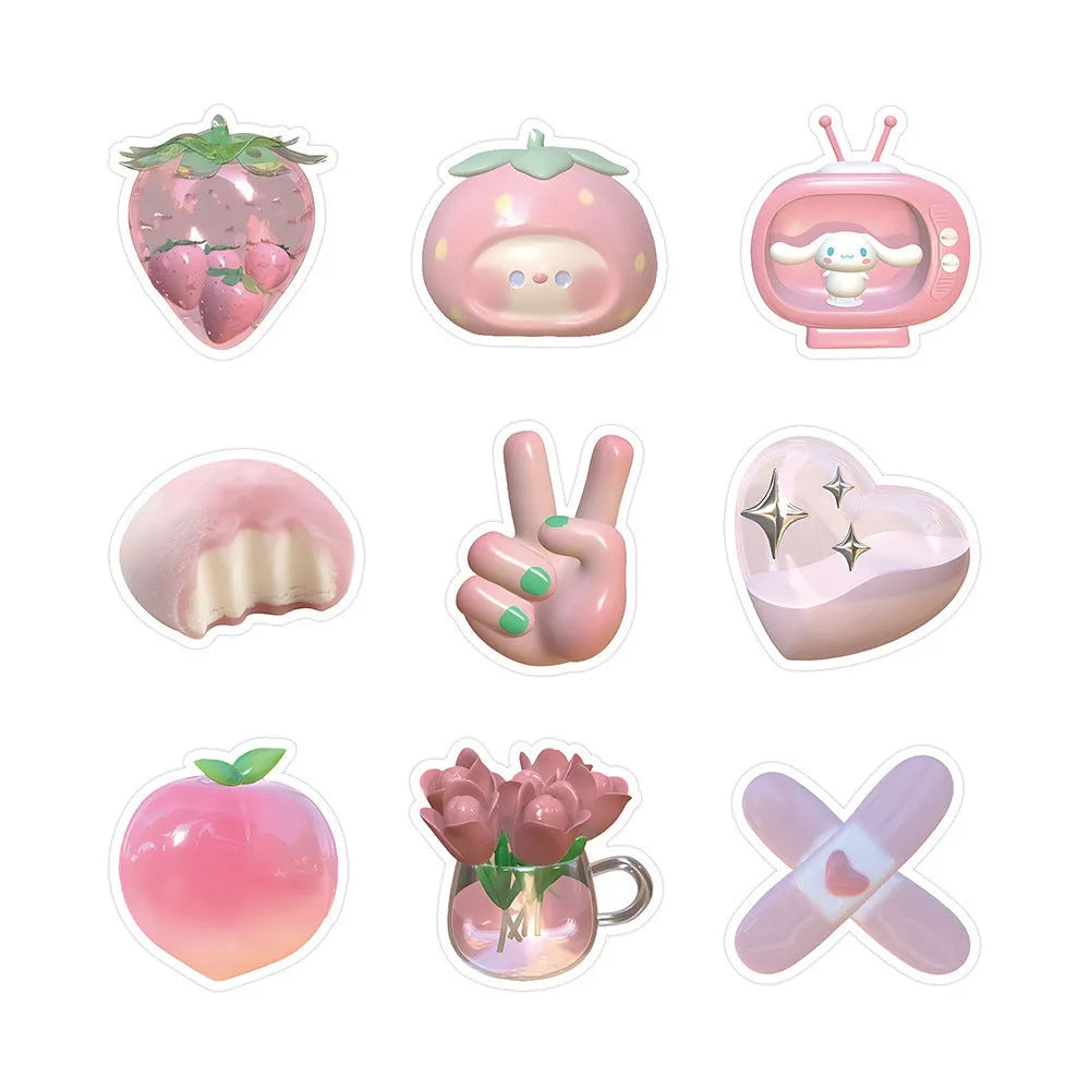 Sheet of 63 light pink 3D decorative stickers with cute girl and heart designs.
