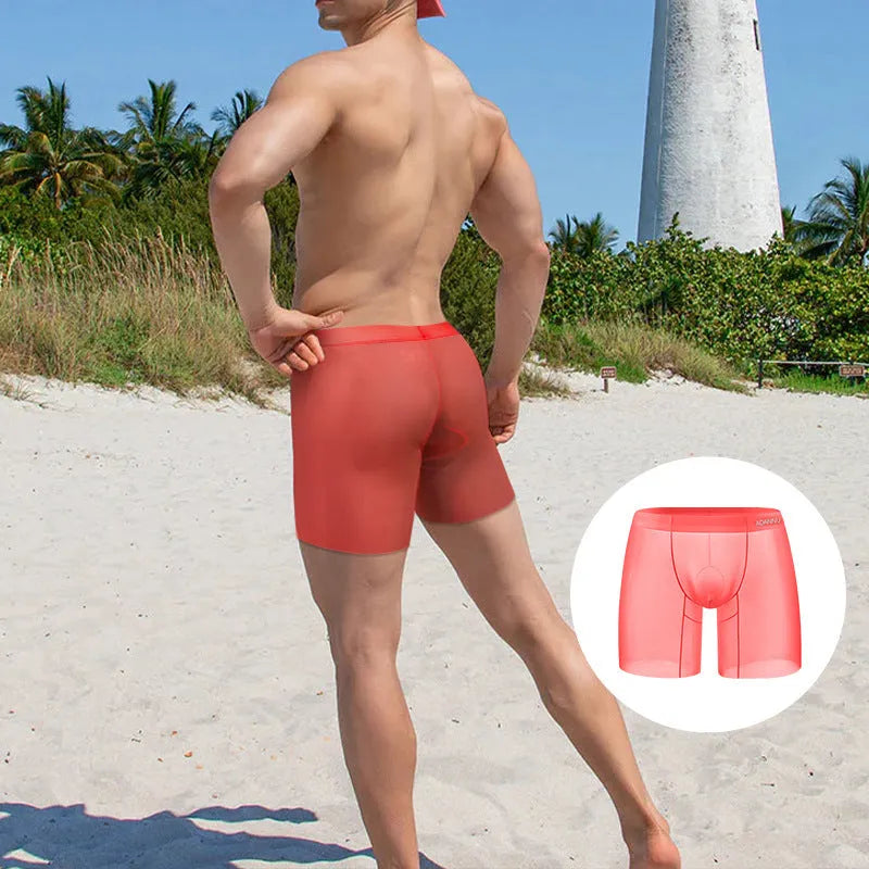 Men's solid colour ice silk boxers in orange, pink, and red on size chart