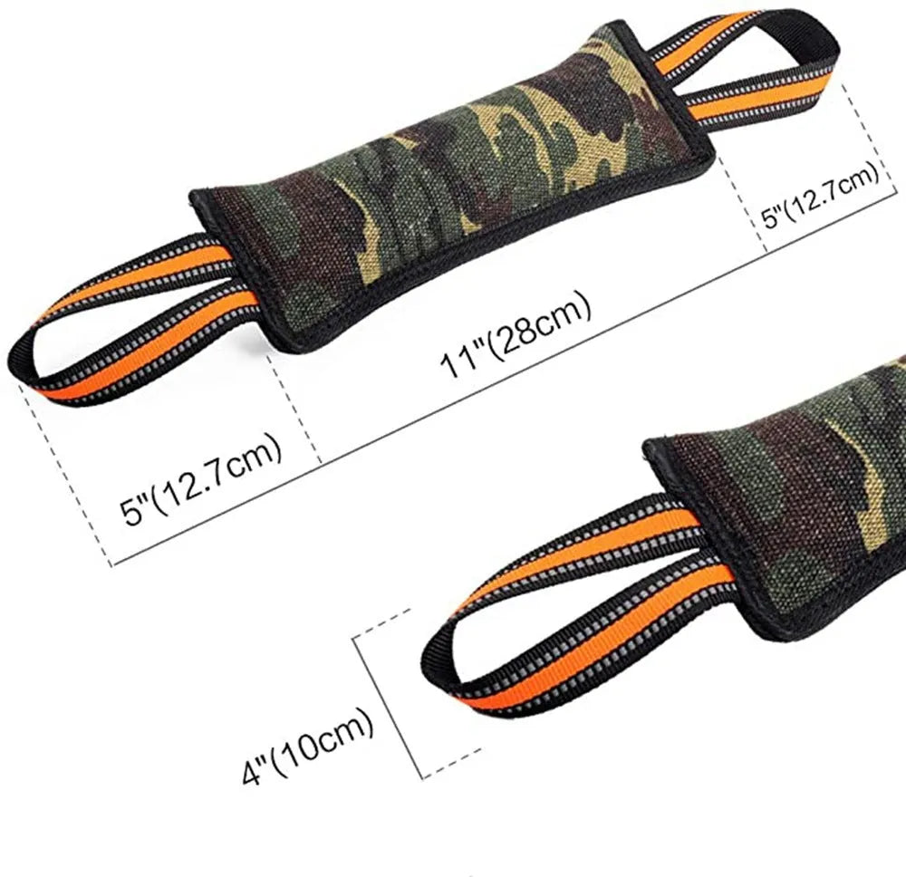 Yellow-edged jute rope dog training bite stick showing reflective material and approximately 55cm length