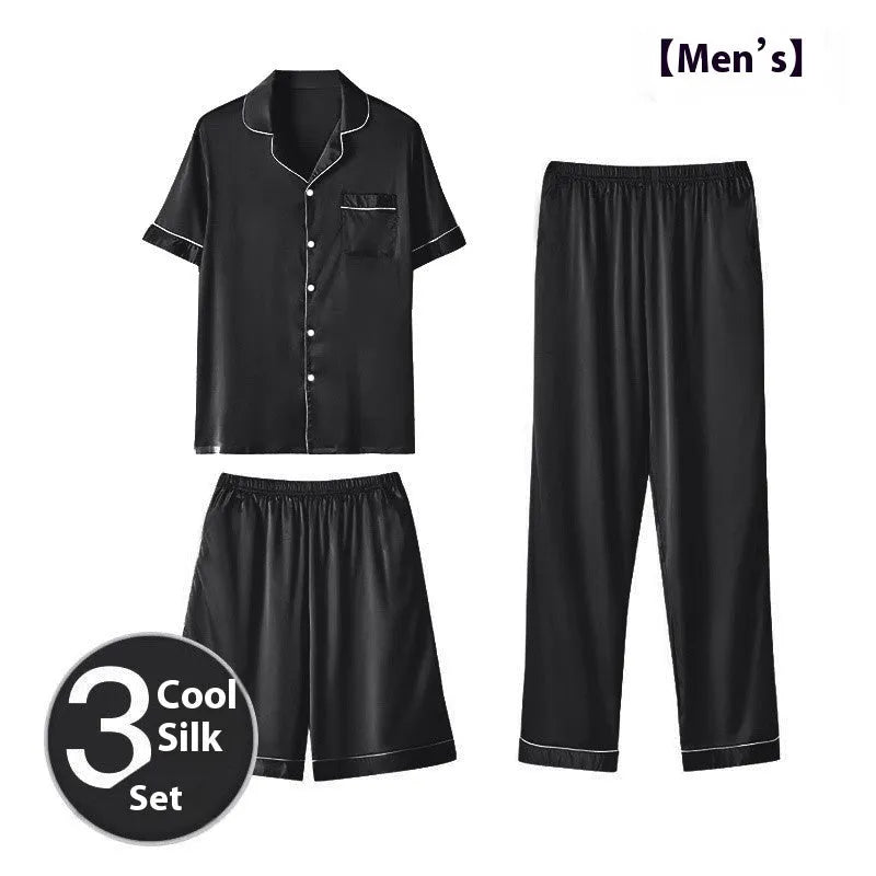 Men's ice silk three-piece home wear set showing trousers, shorts, and top in a neutral colour.
