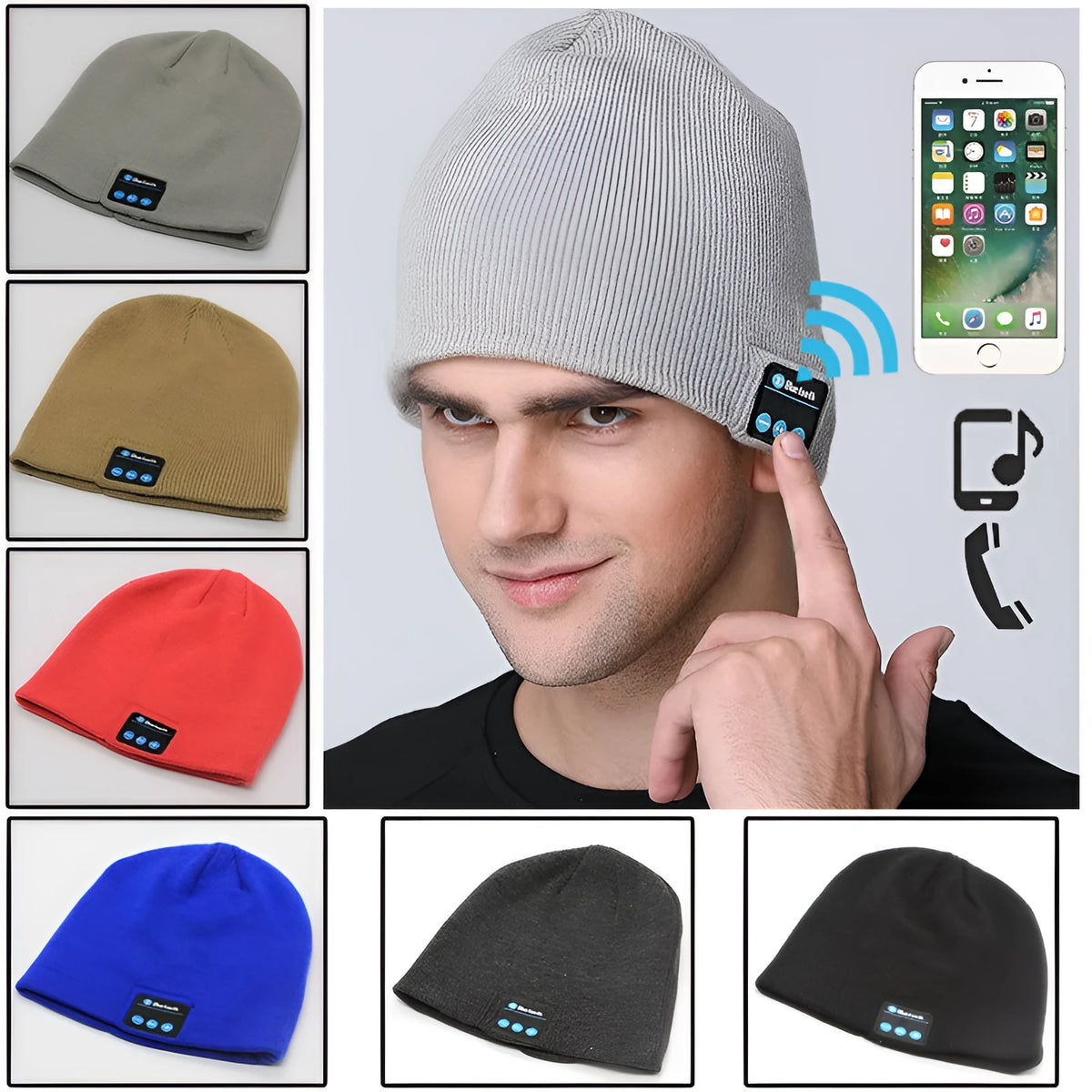 Bluetooth knitted hat with 30MM speakers, dome no-eaves plain weave, red black grey, one size.