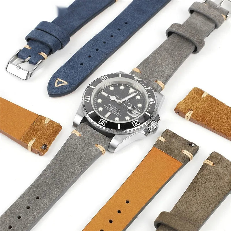 Genuine suede leather watch strap in small waist design showing brown colour option