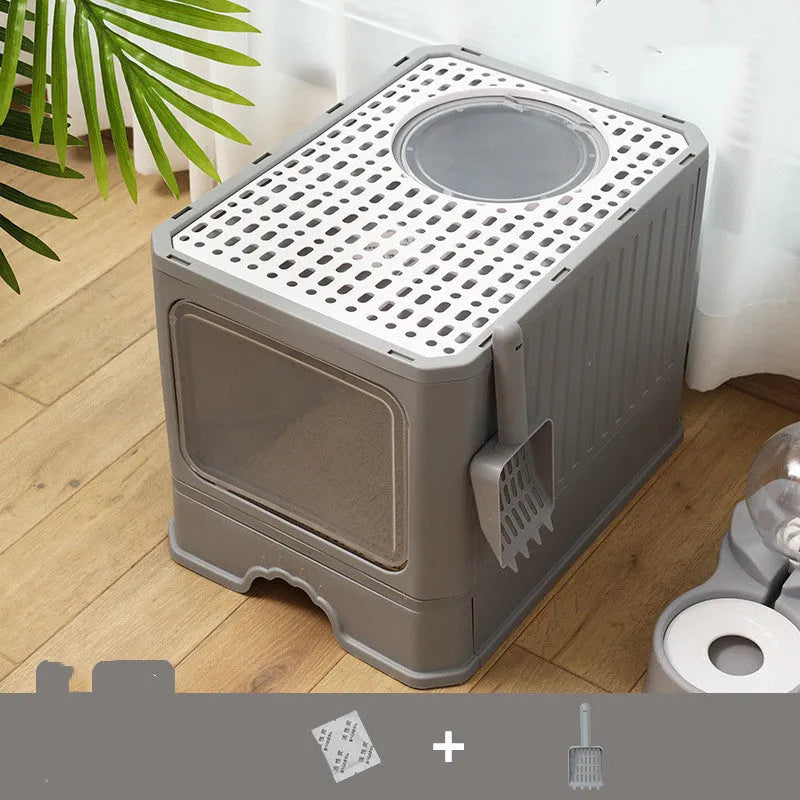 Large double door drawer foldable cat litter basin in PP, 50x38x39cm, grey colour with cat shovel