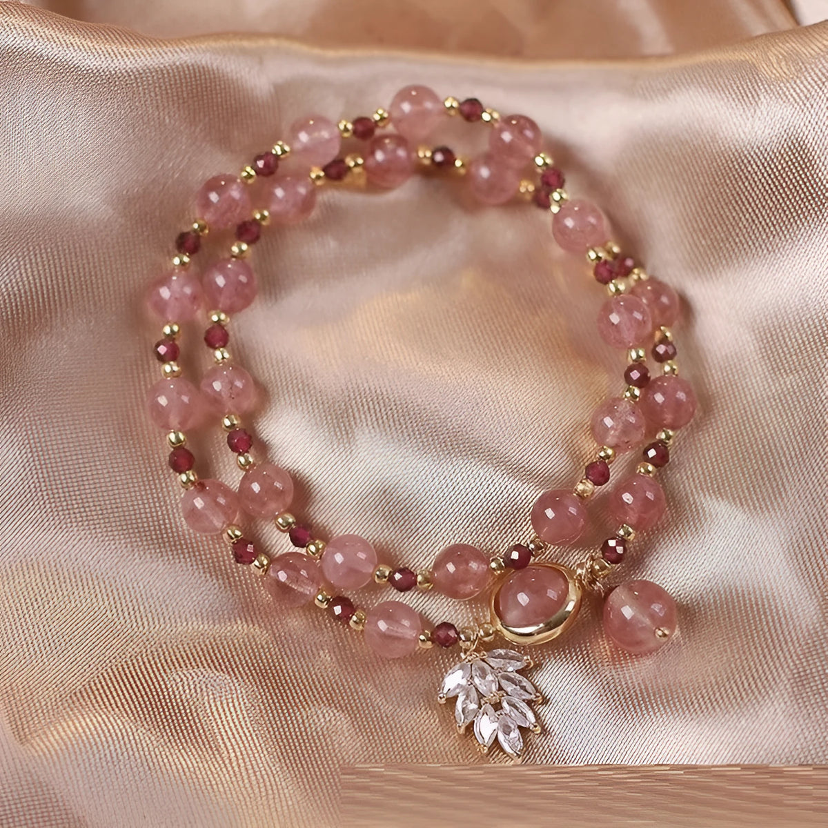 Double circle strawberry quartz bracelet women electroplated crystal flower design