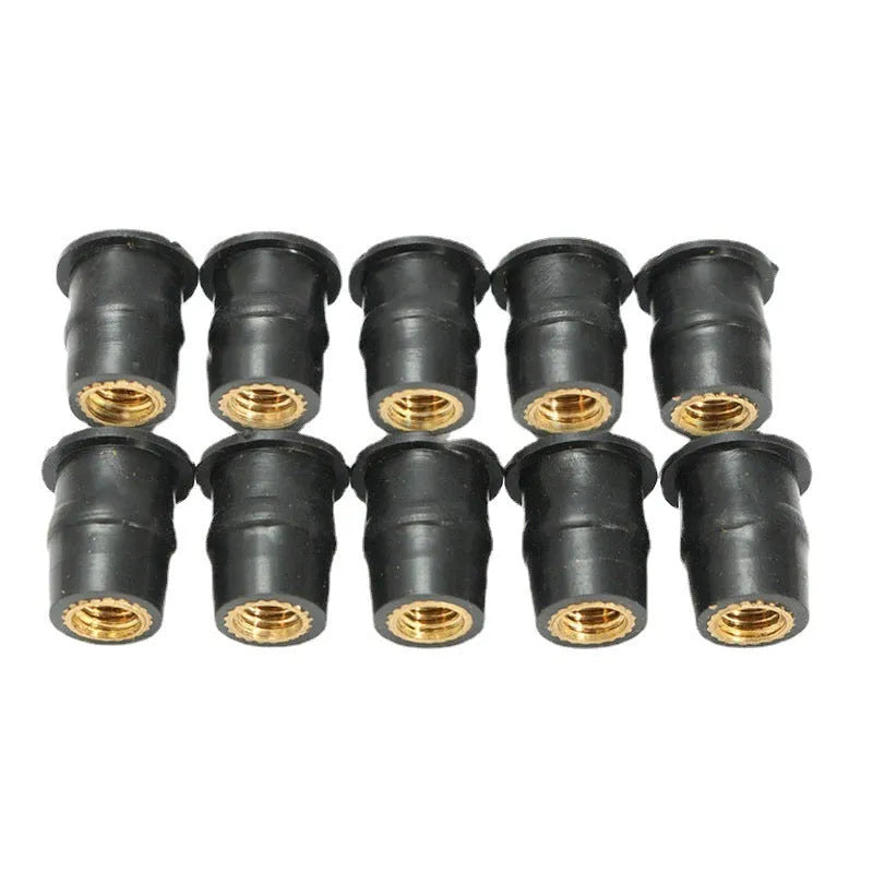 Set of black rubber brass expansion well nut fasteners for motorcycle windshield mounting
