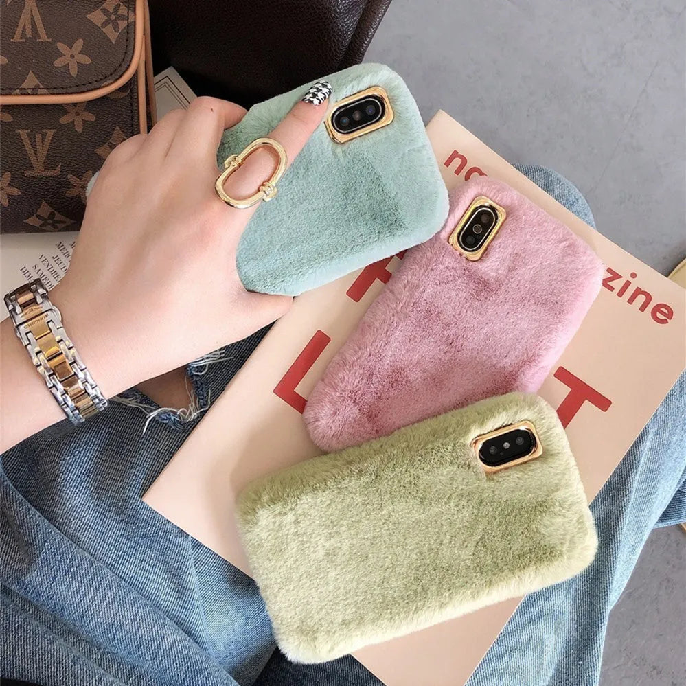 Rabbit plush iPhone case with silicone shell in apricot colour showing raised camera protection
