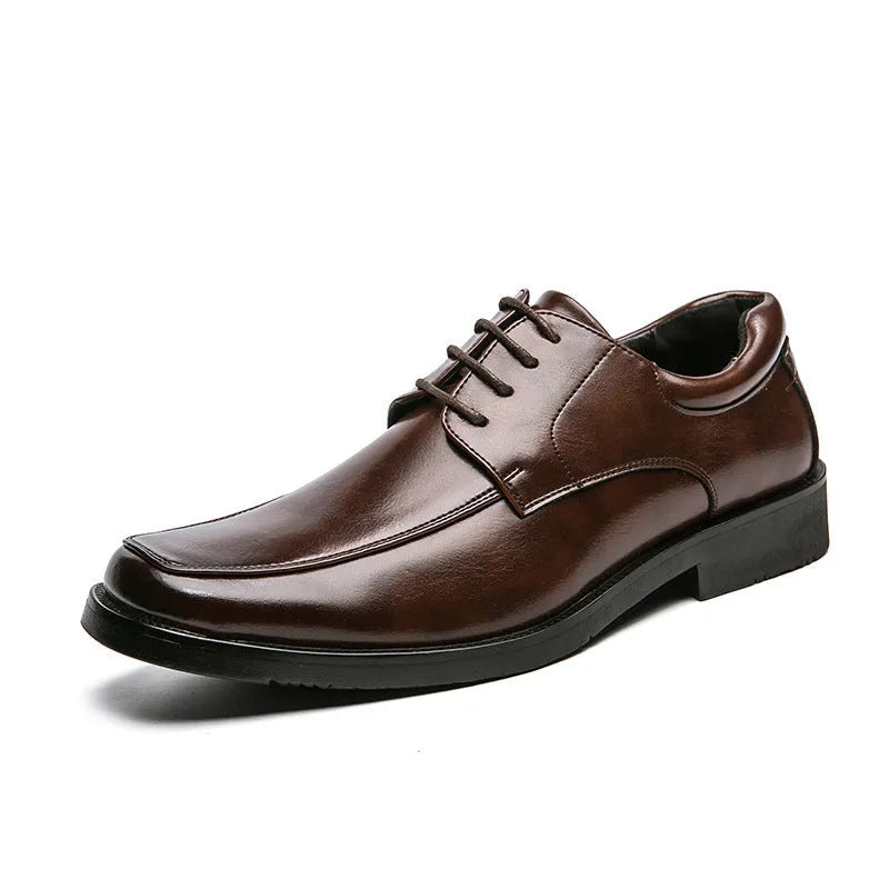 Men's black square toe business casual leather shoes with low-top design and rubber soles