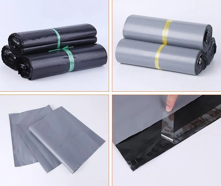 A bundle of 100 clear PE courier bags for clothing in multiple sizes, sealed with stickers.