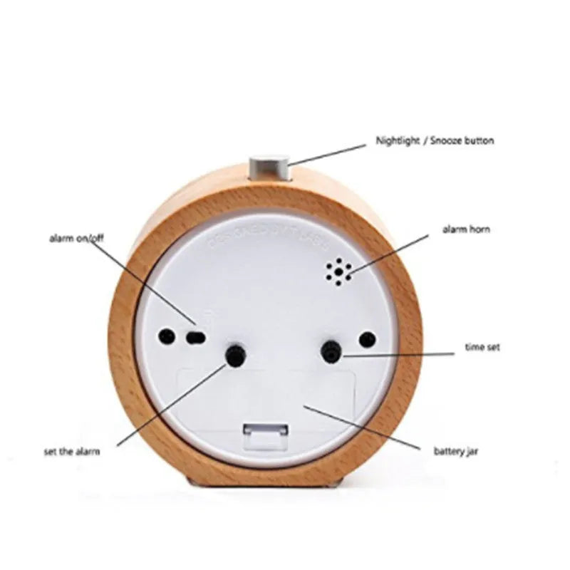 Solid beech wood analogue alarm clock with a white dial and small mirror.