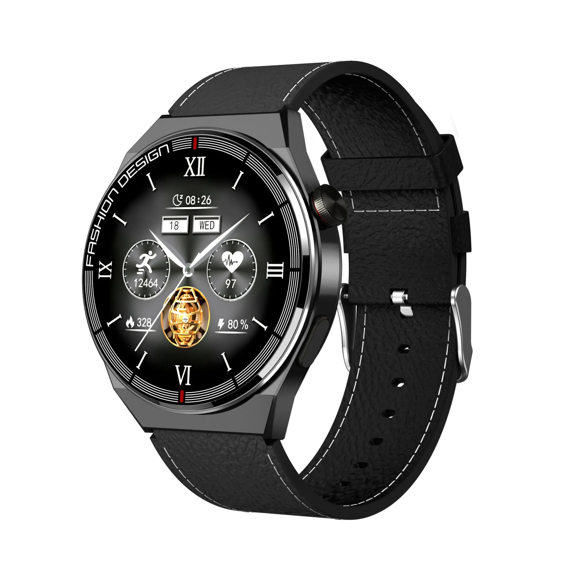 Smartwatch with 1.28-inch display showing health metrics, available in black or silver with silicone or steel straps