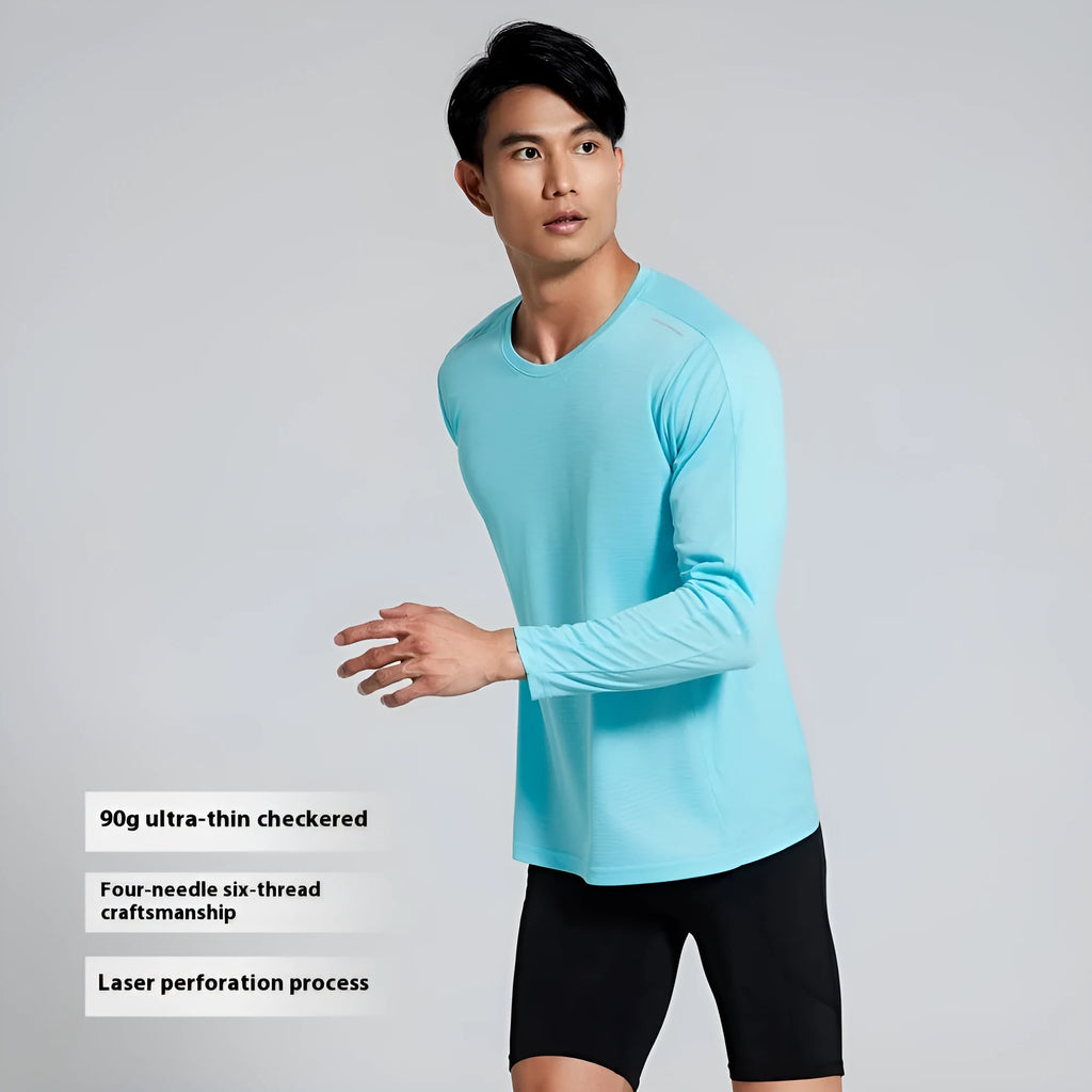 Men's solid-colour quick-drying polyester running top in white, black, sky blue, or fluorescent green, sizes S to 3XL