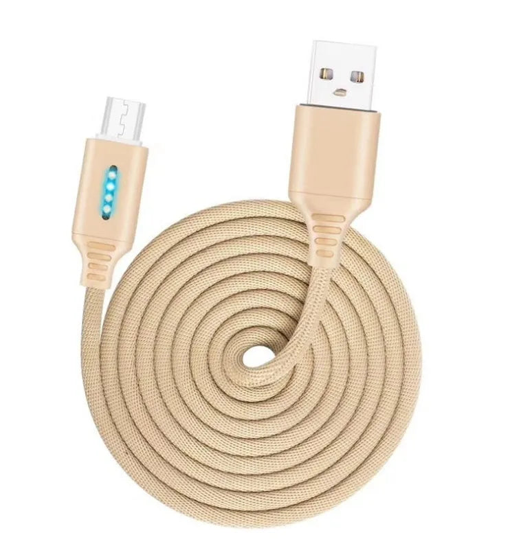 Fabric braided USB charging cable, 1 metre long, with connectors for phone and USB port.