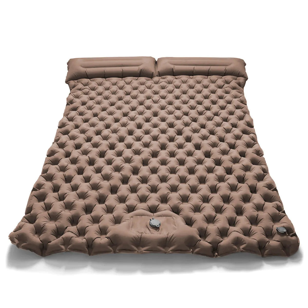 Dark blue double air mattress with built-in pump inflated on a floor, showing integrated pillow.