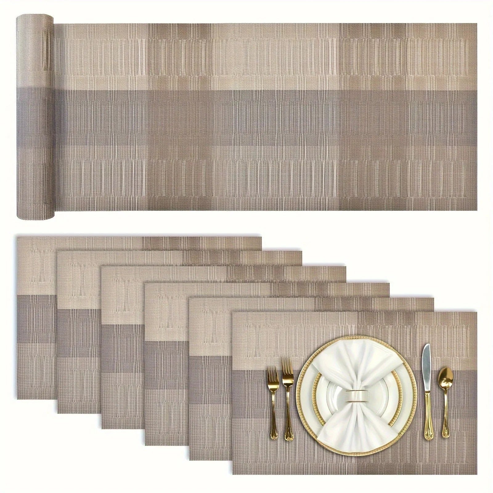 Modern non-slip PVC dish mat with gradient bamboo pattern in black, placed on a wooden dining table.