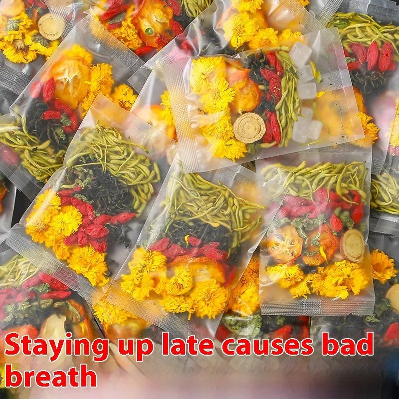 Box of Honeysuckle Chrysanthemum Tea sachets with a free tea cup, showing bulk packaging options.