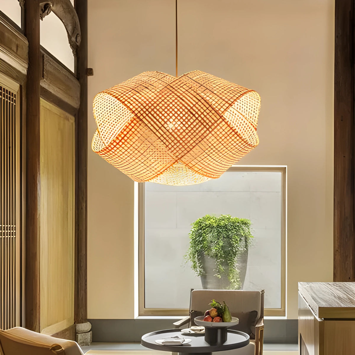 Bamboo woven ceiling lamp in New Chinese style, rattan pendant with adjustable 1.5m height, 220V, 40cm to 80cm sizes