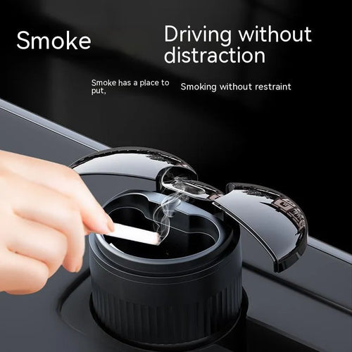 Black automatic sensing touch infrared metal car ashtray with lid on a car console.