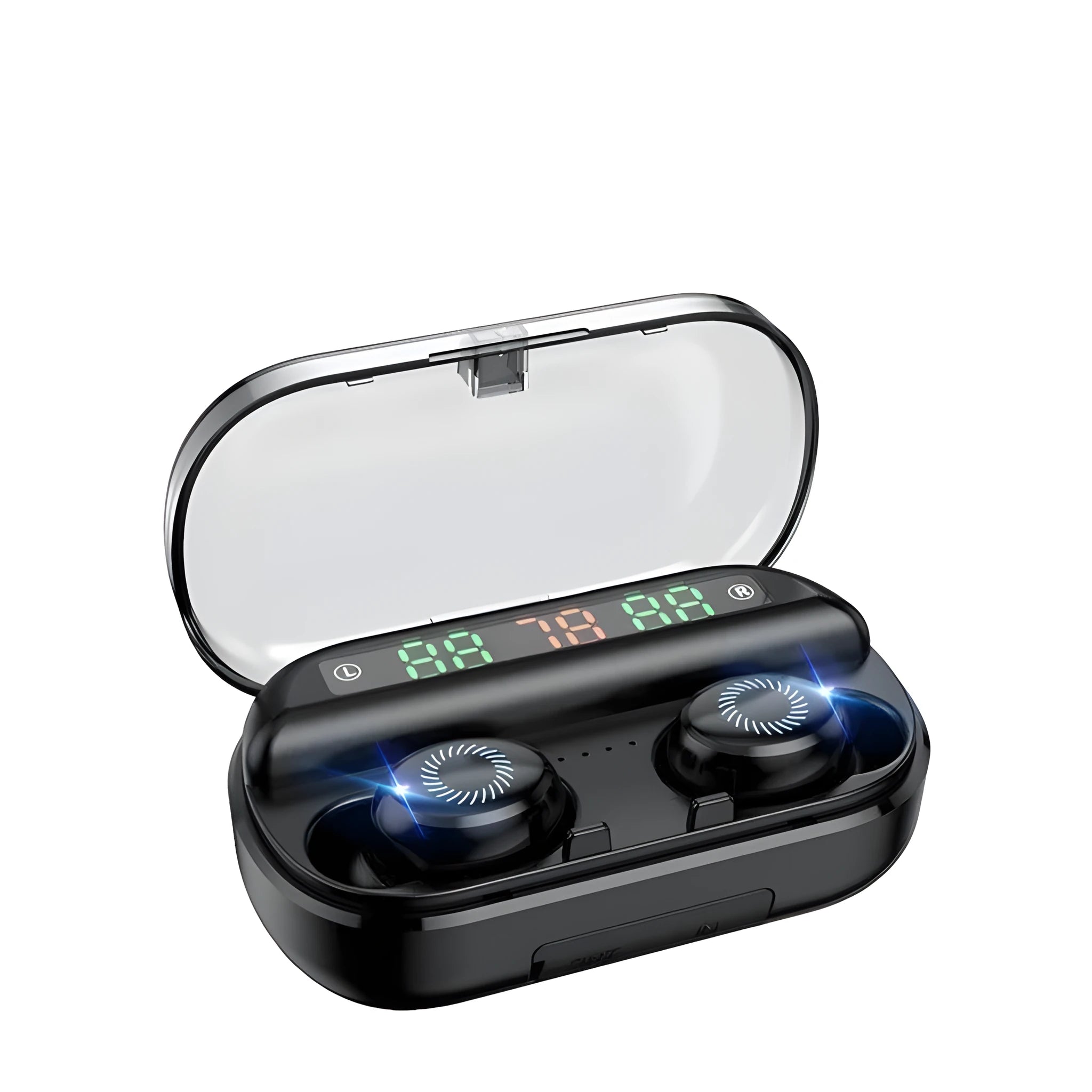 Black Bluetooth headset with LED display showing battery level, earplug style, binaural stereo