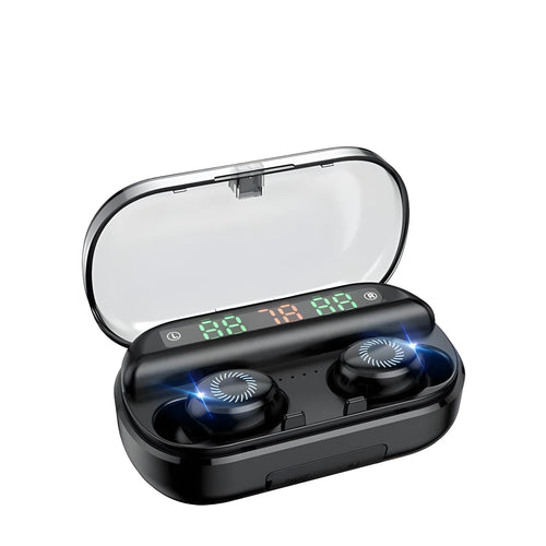 Black Bluetooth headset with LED display showing battery level, earplug style, binaural stereo