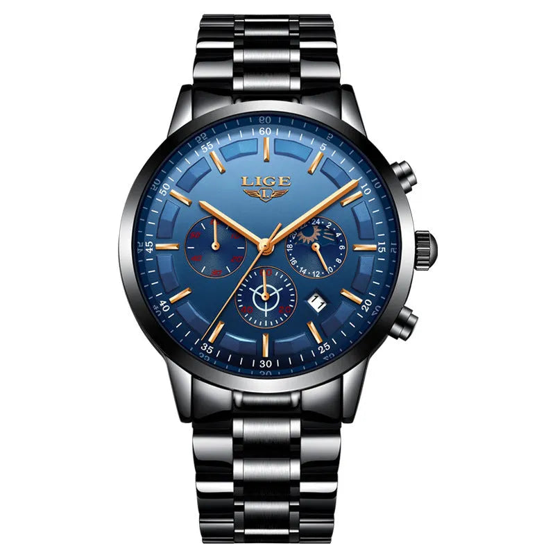 Men's black and rose red gold sports quartz watch with moon phase display on wrist.
