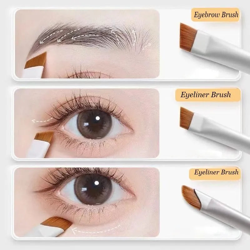 Four angled eyeliner and brow brushes with fine bristles in a leather makeup case