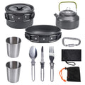 Camping cookware set with hard alumina stew-pan, frying pan, 0.8L teapot, two stainless steel cups and cutlery in orange, black or green