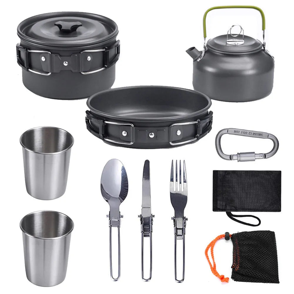 Camping cookware set with hard alumina stew-pan, frying pan, 0.8L teapot, two stainless steel cups and cutlery in orange, black or green