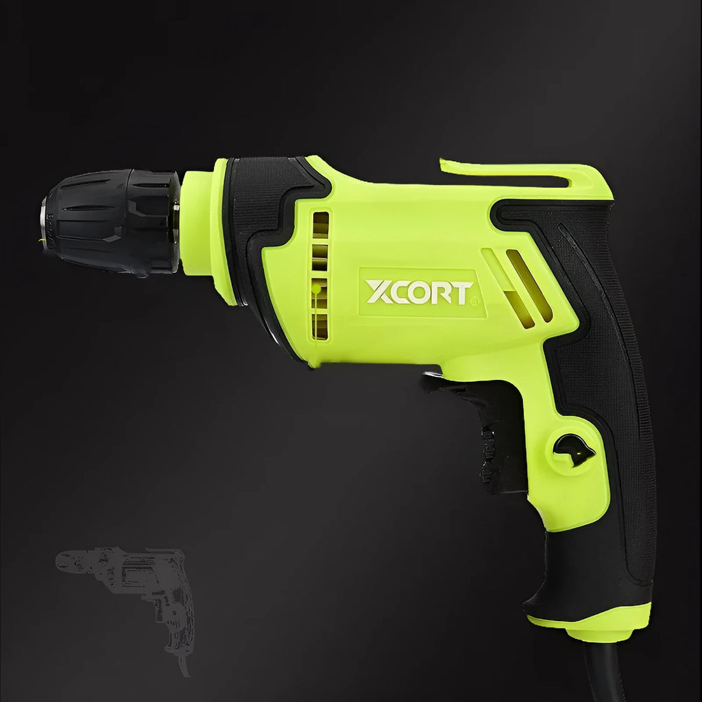 High-power pistol-grip electric drill with a 10mm chuck on a workbench.