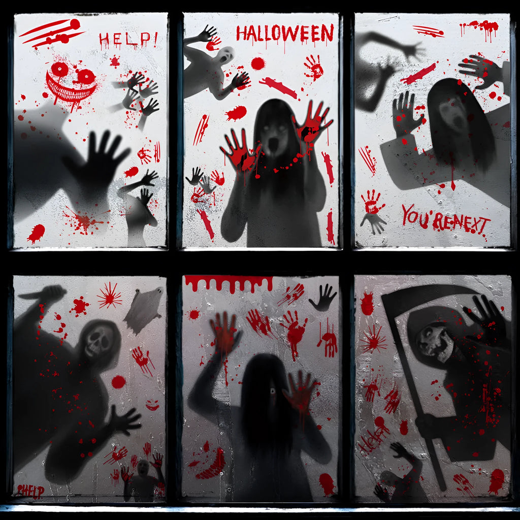 Six PVC electrostatic Halloween stickers with female ghost and skull motifs arranged as a window scene layout
