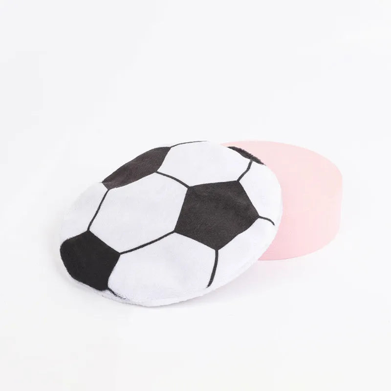 Flying disc shaped plush cat toy with sports ball pattern, containing catnip and crinkle sound.