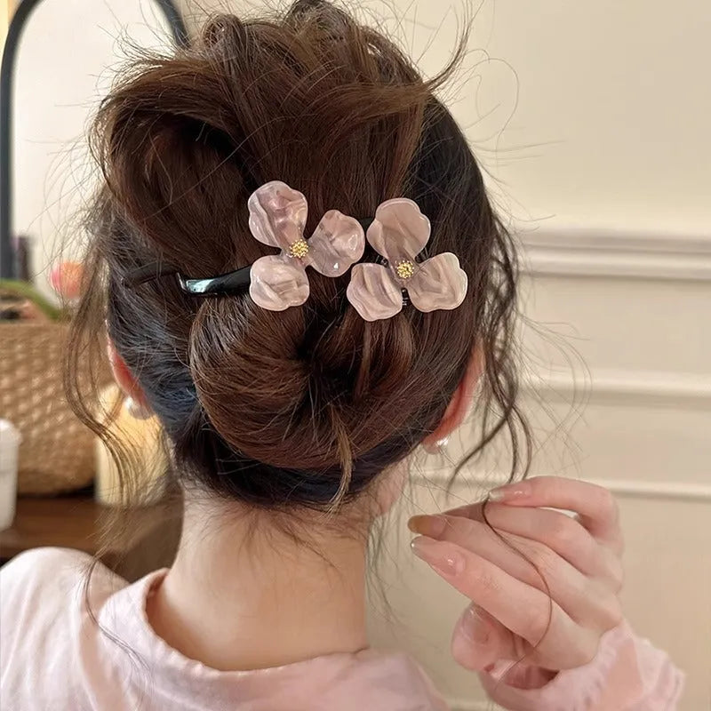 Retro flower bobby pin with acrylic petals for back head updos, available in blue, light blue, beige, or pink petals.