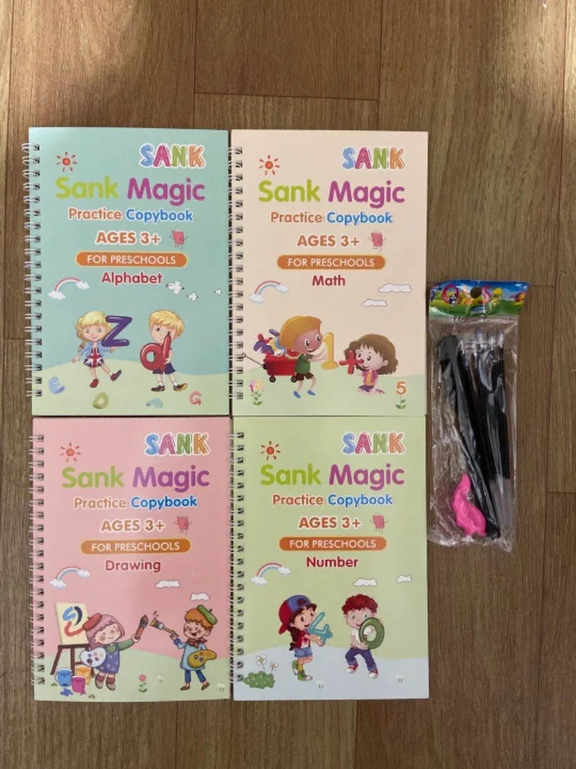 Magic calligraphy practice set with four A4 books, stylus pen, and refills in colour options